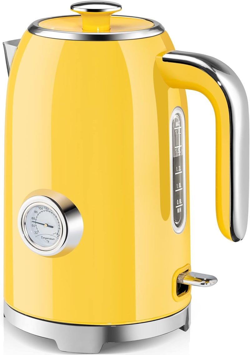 susteas Electric Kettle - 57oz Hot Tea Kettle Water Boiler with Thermometer, 1500W Fast Heating Stainless Steel Tea Pot, Cordless with LED Indicator, Auto Shut-Off & Boil Dry Protection, Retro Yellow - Image 1